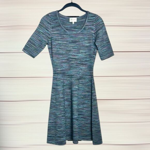 Milly Dress Space Dyed Fit & Flare Blue Knit Stretch Scoop Neck Short Sleeve S - Picture 2 of 9
